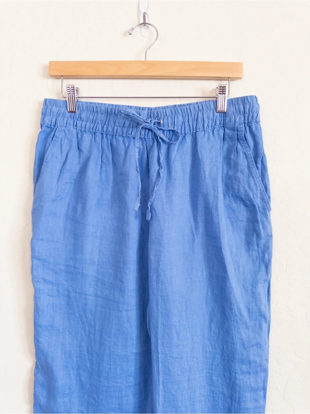 H&M 100% Linen Pull On Elastic Waist Pants Medium Blue Beach Coastal Travel Boho